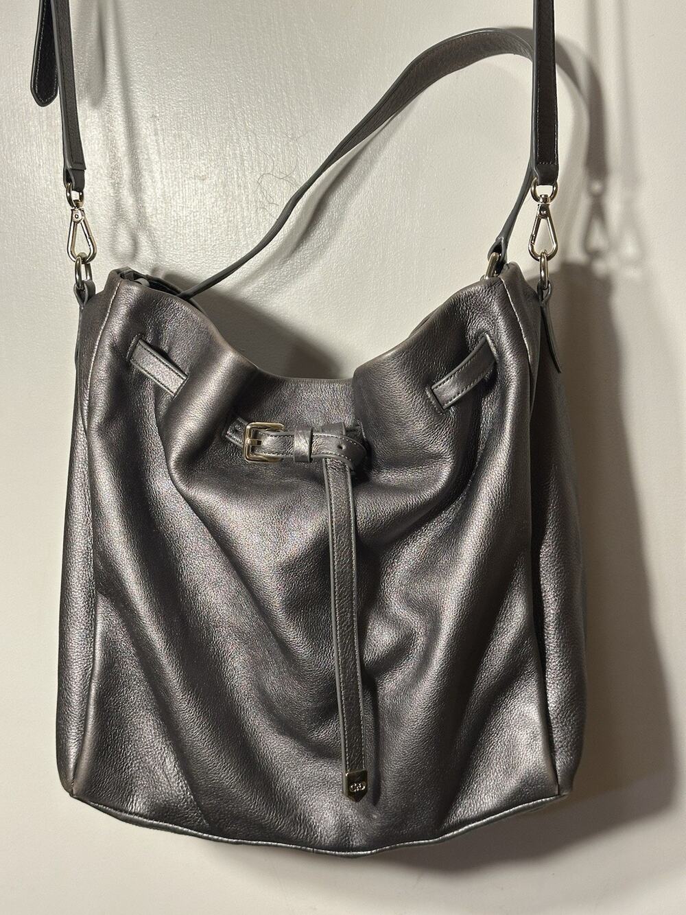 Cole Haan Metallic Silver Drawstring Crossbody Bag Purse Gold Hardware 12x12x3